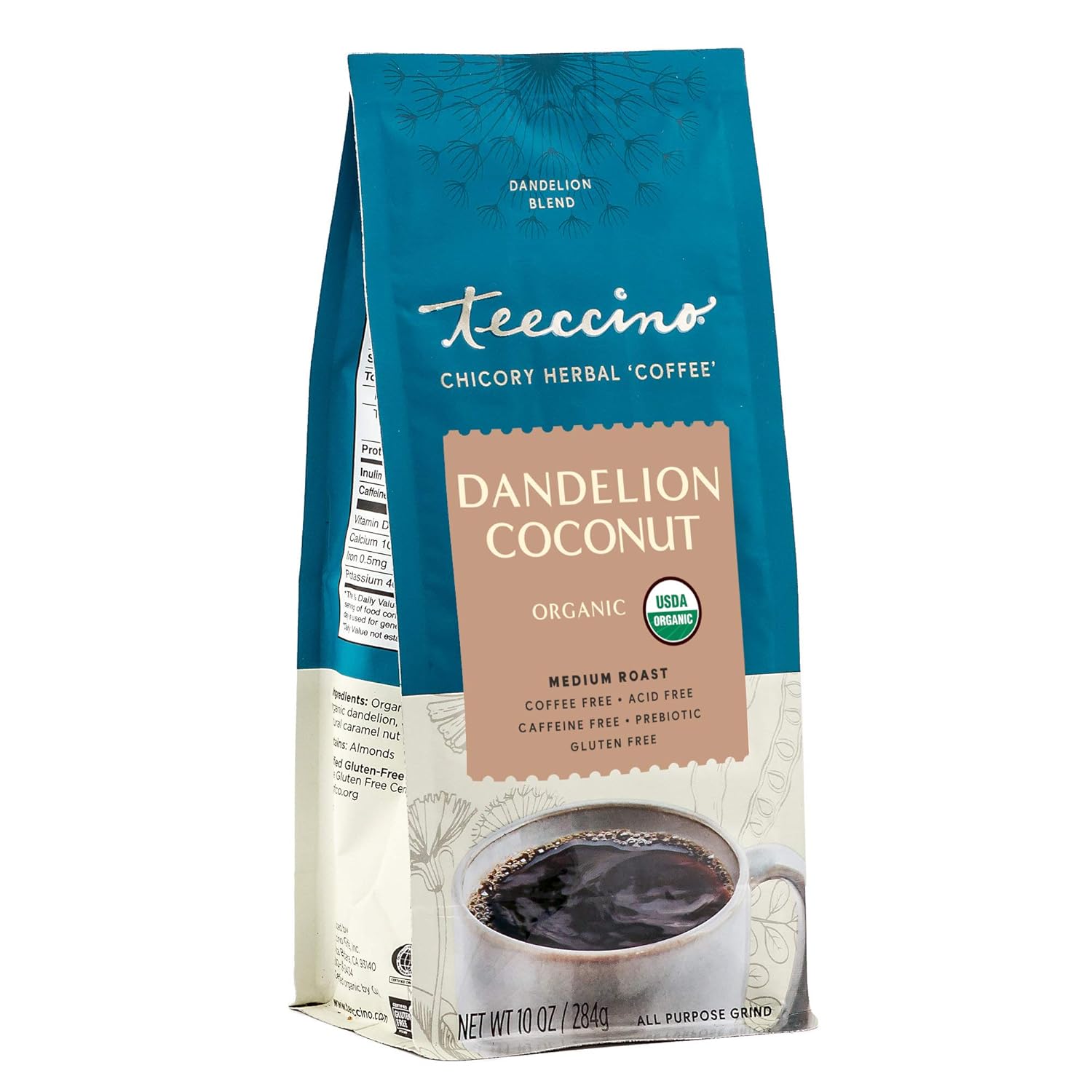 Teeccino Dandelion Coconut Herbal Coffee - Caffeine-Free Coffee Alternative With Prebiotics, Gluten Free, Acid Free - Medium Roast, 10 Oz