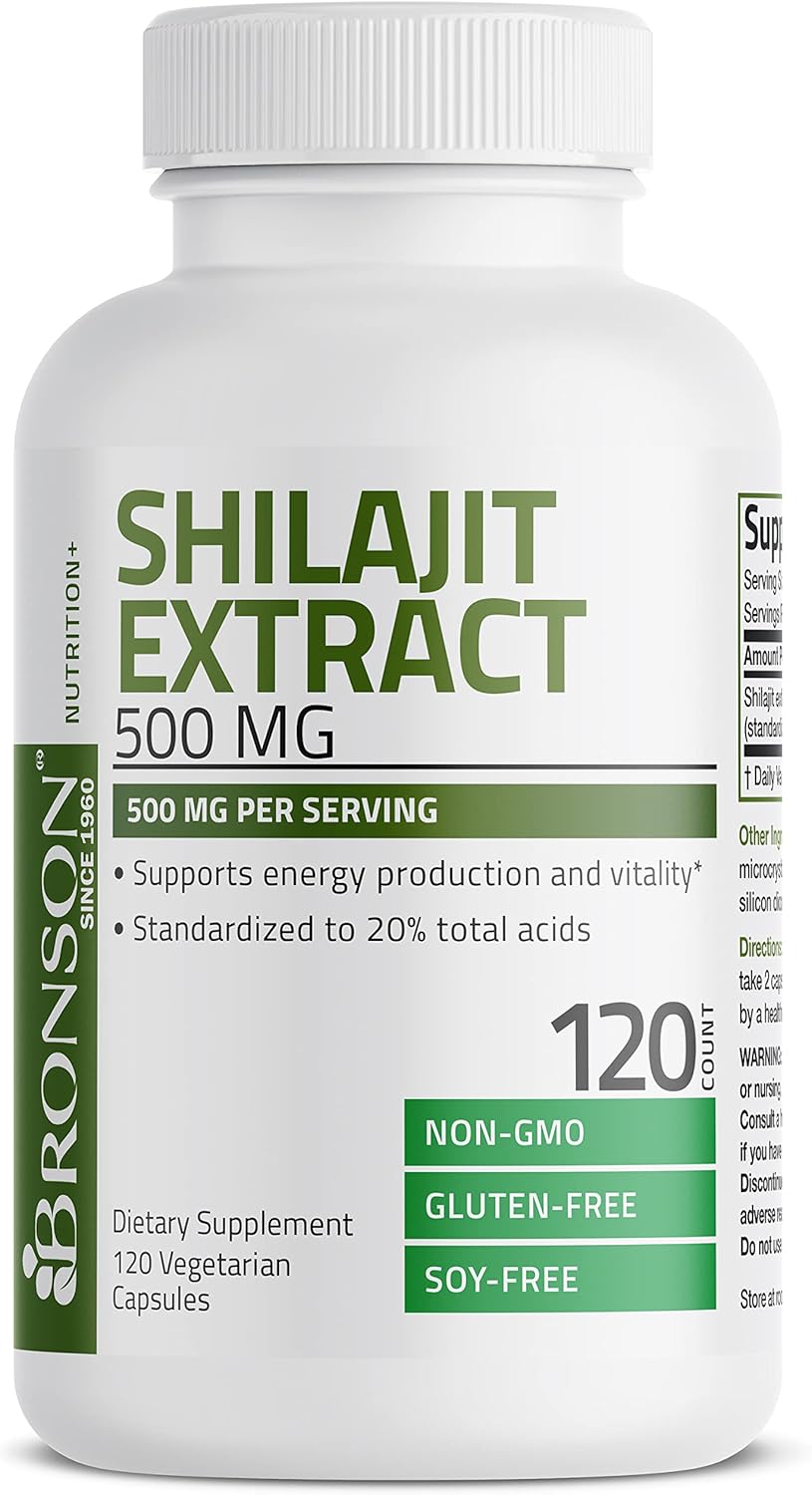 Bronson Shilajit Extract 500 MG Per Serving, Supports Energy Production & Vitality, Standardized to 20% Total Acids, Non-GMO, 120 Vegetarian Capsules : Health & Household