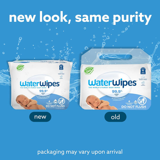 Waterwipes Plastic-Free Original Baby Wipes, 99.9% Water Based Wipes, Unscented & Hypoallergenic For Sensitive Skin, 240 Count (4 Packs), Packaging May Vary