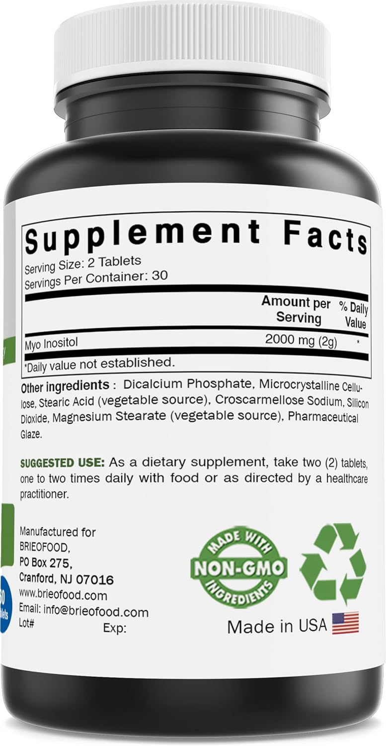 Brieofood Myo Inositol 2000 Mg Per Serving - 60 Tablets - 3Rd Party Lab Tested : Health & Household