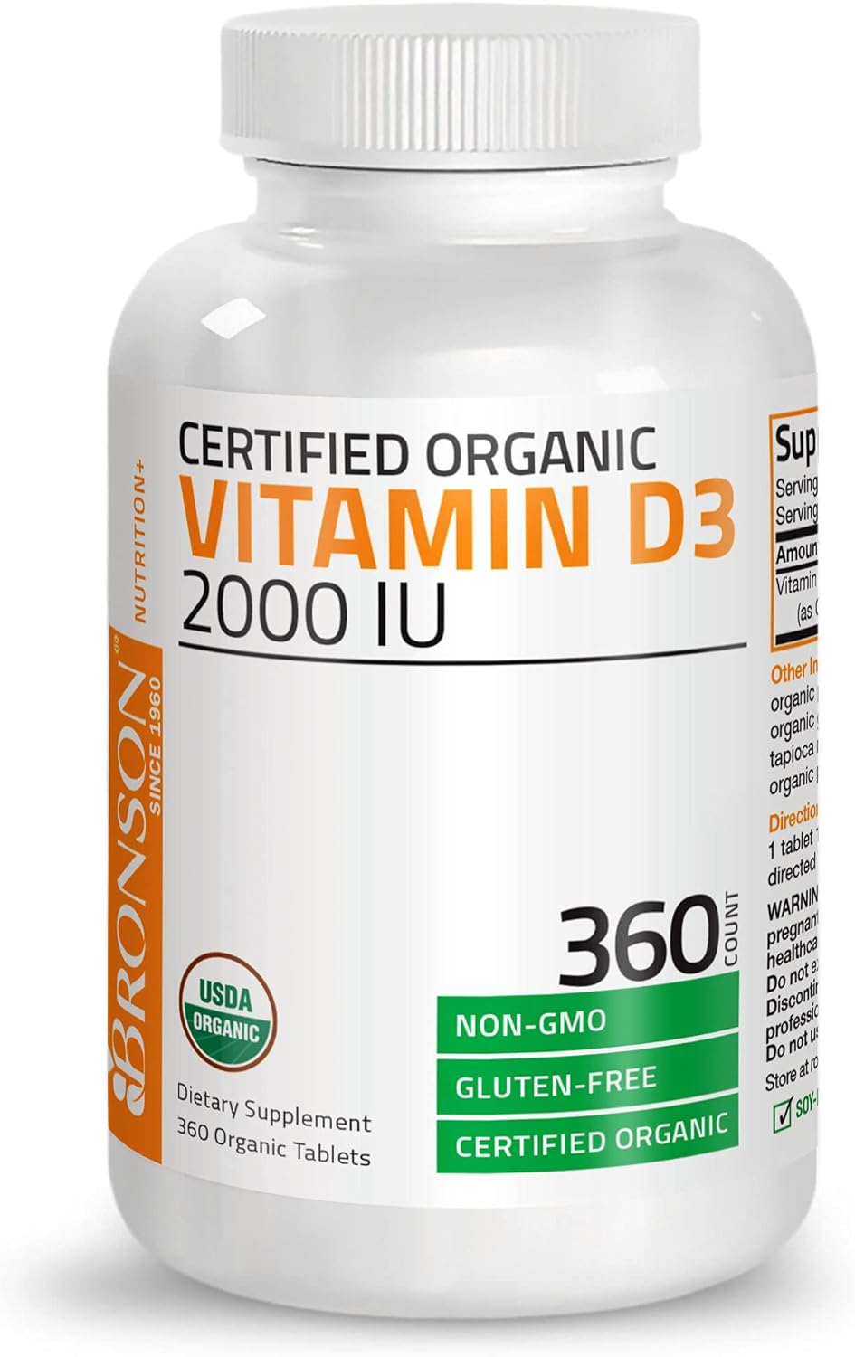 Bronson Vitamin D3 2,000 IU (1 Year Supply) for Immune Support, Healthy Muscle Function & Bone Health, High Potency Organic Non-GMO Vitamin D Supplement, 360 Tablets