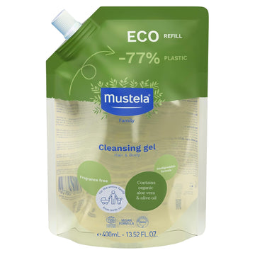 Mustela Certified Organic Cleansing Gel - Natural Hair & Body Wash With Olive Oil & Aloe Vera - For Baby, Kid & Adult - Fragrance Free, Tear Free, Vegan & Biodegradable - 13.52 Fl. Oz