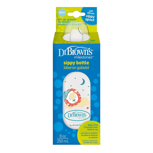 Dr. Brown'S Milestones Narrow Sippy Bottle, 100% Silicone Soft Sippy Spout, 8Oz/250Ml, Lion, 6M+