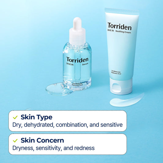 Torriden Dive In Serum 1.69 Fl.Oz. + Soothing Cream (Tube) 3.38 Fl.Oz. | Hyaluronic Acid Care Set | Deep Hydrating Skin Care To Get Glass Skin