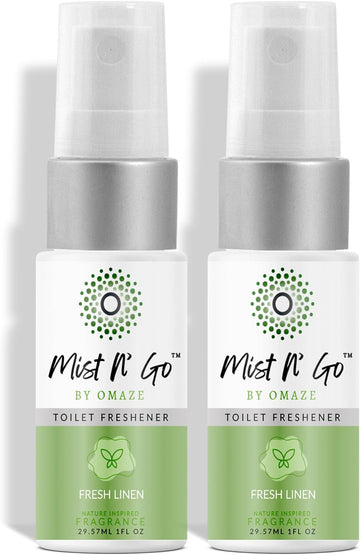 Mist N' Go by OMAZE Fresh Linen Scent Toilet Spray for Poop - Bathroom Spray Odor Eliminator Use Before You Sit On Toilet - Bathroom Poop Spray For Toilet Use For Travelling - Pocket Size (1oz x2)