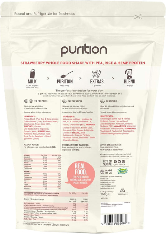 Purition Vegan Strawberry Dairy Free Natural Protein Powder for Keto Diet Shakes and Meal Replacements Shakes - 250g : Amazon.co.uk: Health & Personal Care