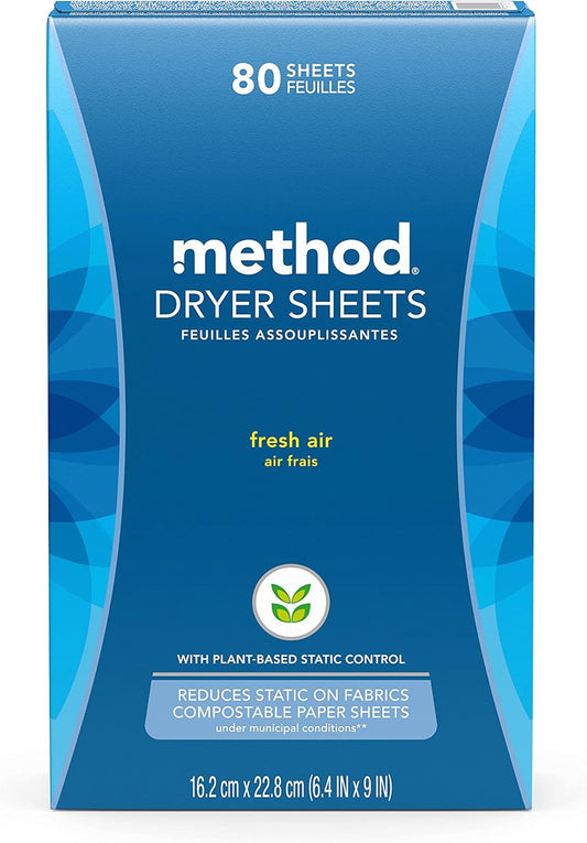 Method Dryer Sheets, Fresh Air, 80 Sheets, 2 Pack, Packaging May Vary