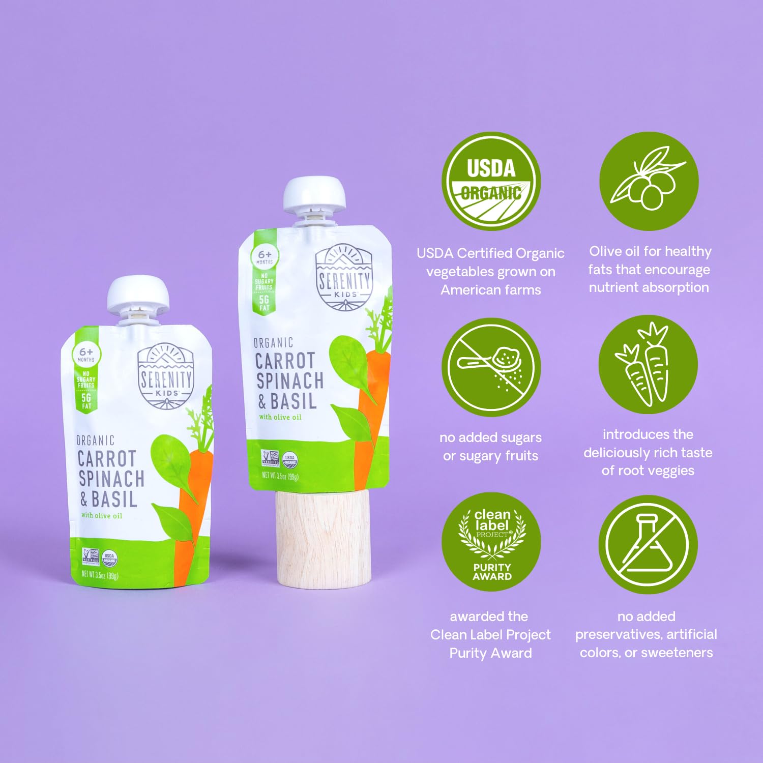 Serenity Kids 6+ Months Certified Organic Baby Food Pouches Veggie Puree | No Sugary Fruits or Added Sugar | Allergen Free | 3.5 Ounce BPA-Free Pouch | Garden Veggie Variety Pack | 6 Count : Baby