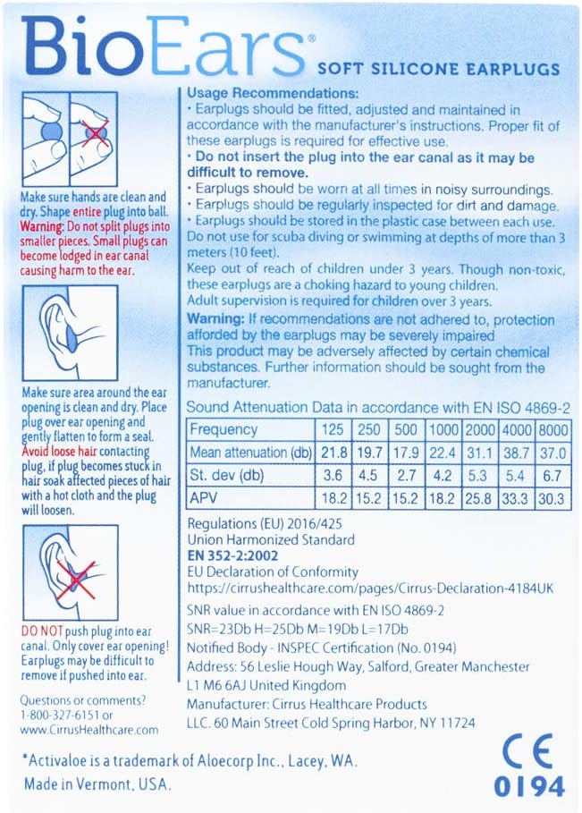 Bioears 41304 Soft Silicone Earplugs With Activaloe. Premium Silicone. Protection From Water And Noise (6 Pairs),Blue