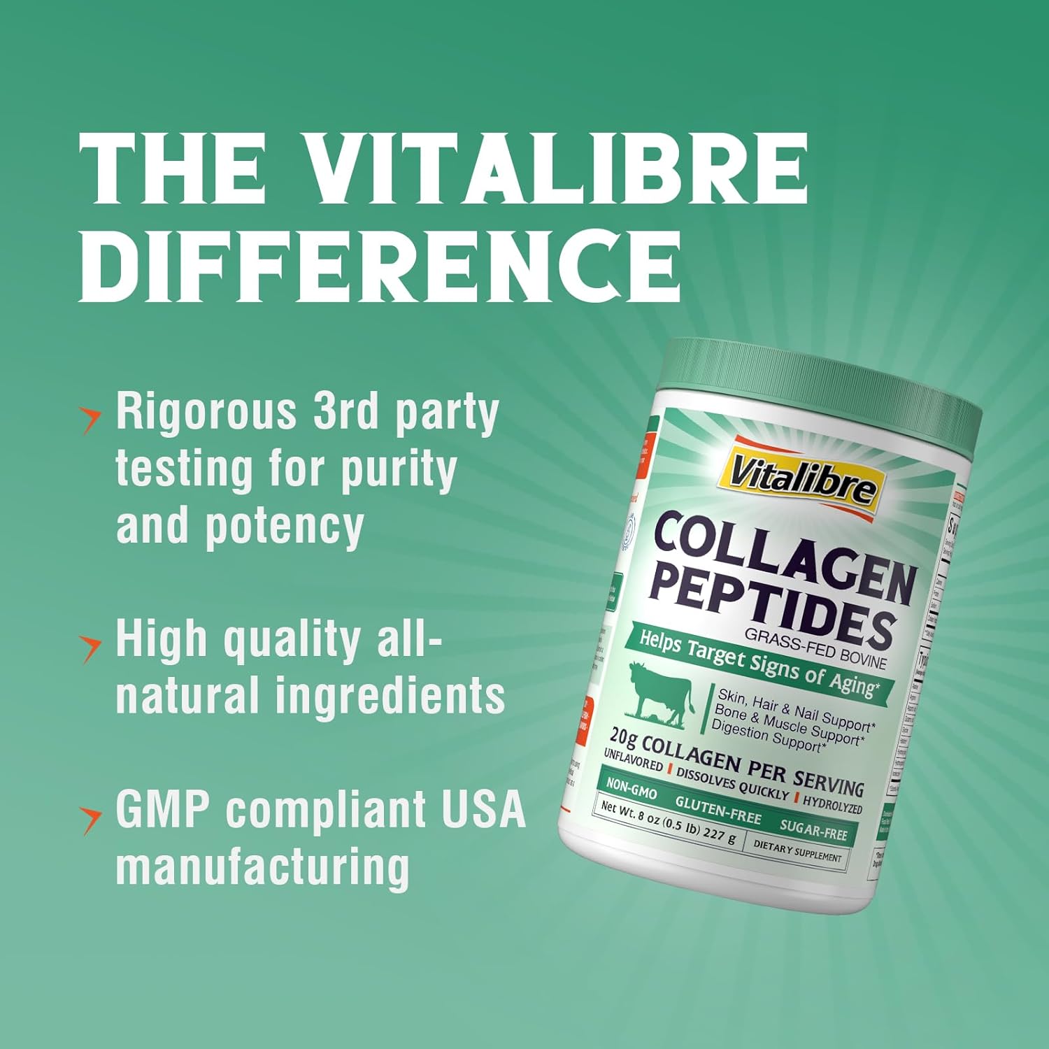 Vitalibre Bovine Collagen Peptides Powder For Women And Men, Grass-Fed Hydrolyzed Collagen Protein Type I & Iii, Skin, Hair, Nails, Bones, Digestion, Unflavored, Non-Gmo, Keto & Gf, 22 Servings, 16Oz : Health & Household
