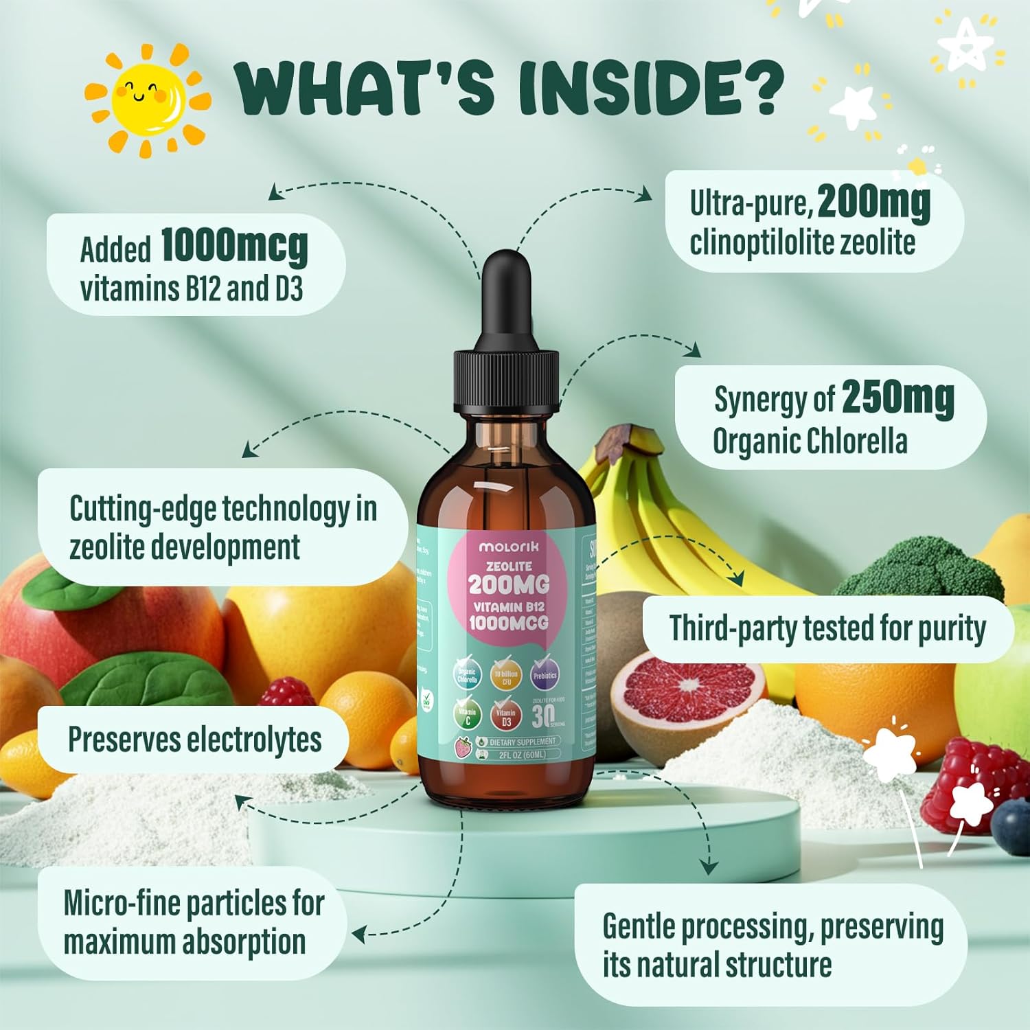 Zeolite Drops For Kids And Adults, 200Mg Zeolite Liquid Drops With 1000Mcg Vitamin B12, Organic Chlorella, 10 Billion Cfu & Prebiotics For Gut Support & Speech, Immune, Bone, Energy*, Strawberry, 60Ml : Health & Household