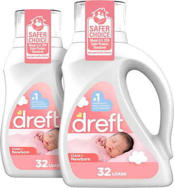 Dreft Newborn Baby Liquid Laundry Detergent, Gentle On Sensitive Skin, He Compatible, 2 Pack, 32 Loads Each