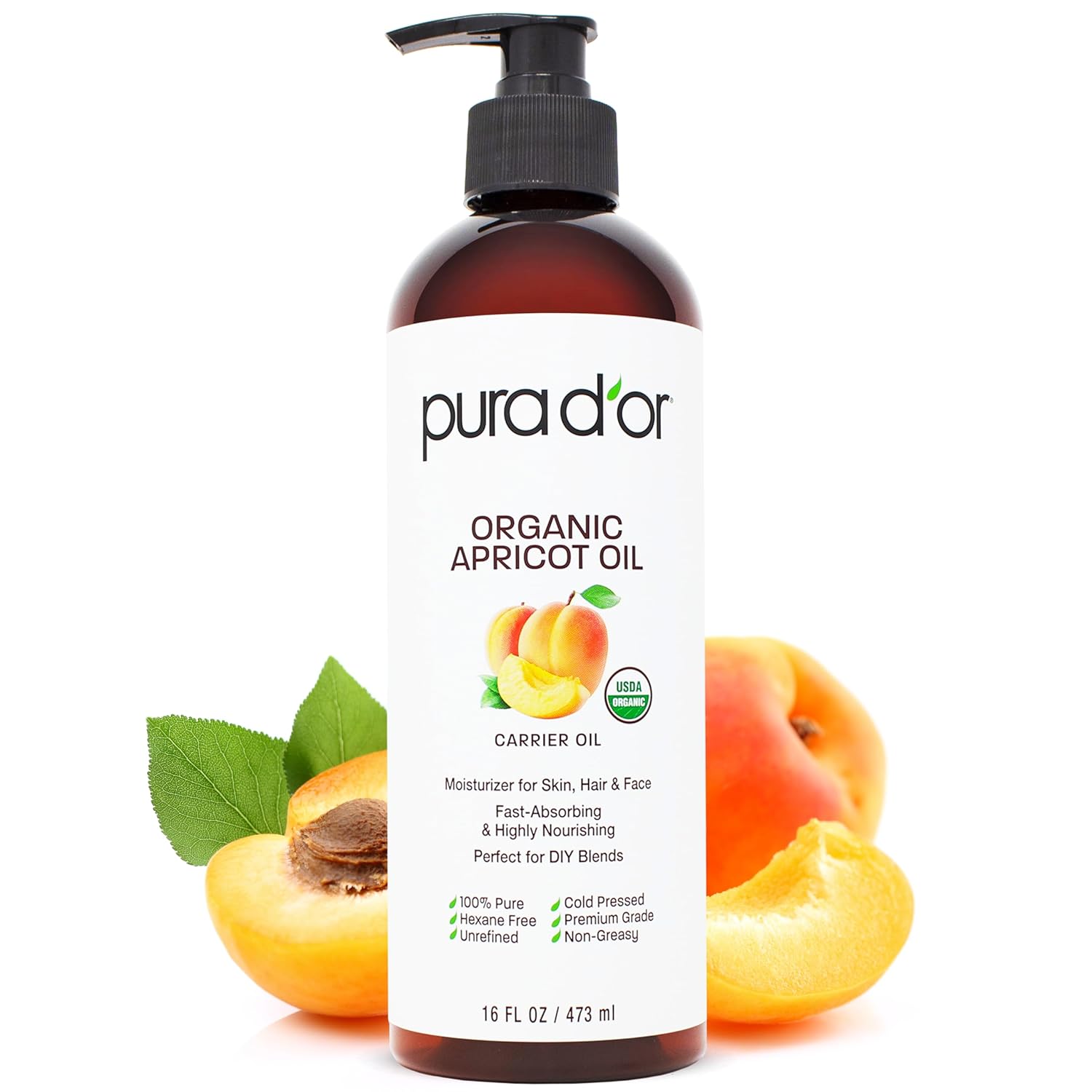 Pura D'Or 16 Oz Organic Apricot Kernel Oil - 100% Pure & Natural Usda Certified Cold Pressed Carrier Oil - Antioxidant & Vitamin E Rich Moisturizer For Natural Glow & Softness - Face, Skin & Hair