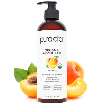 Pura D'Or 16 Oz Organic Apricot Kernel Oil - 100% Pure & Natural Usda Certified Cold Pressed Carrier Oil - Antioxidant & Vitamin E Rich Moisturizer For Natural Glow & Softness - Face, Skin & Hair