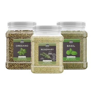 Birch & Meadow Basil Leaves, Oregano Flakes, & Rosemary Bundle, Various Sizes, Kitchen Staples, Savory Flavors