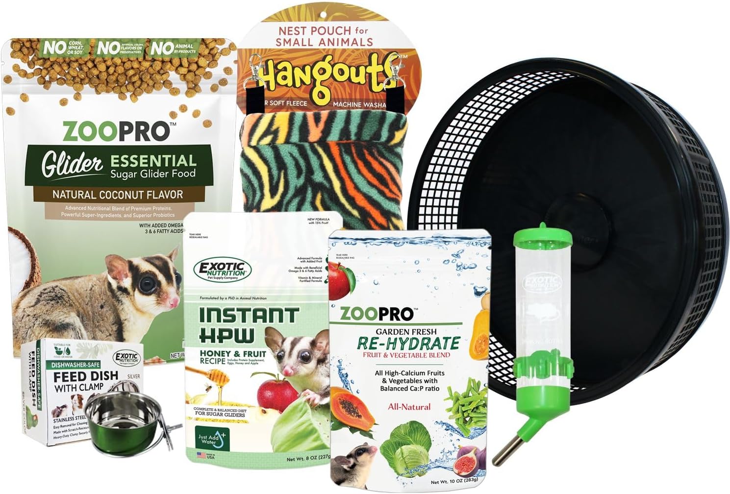 Exotic Nutrition Starter Package For Sugar Gliders - Includes Exercise Wheel, Food Assortment, Water Bottle, Food Dishes & Nest Pouch