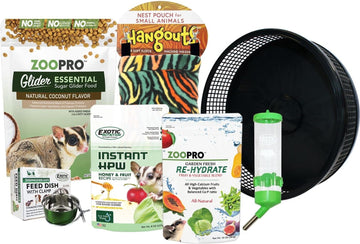 Exotic Nutrition Starter Package For Sugar Gliders - Includes Exercise Wheel, Food Assortment, Water Bottle, Food Dishes & Nest Pouch