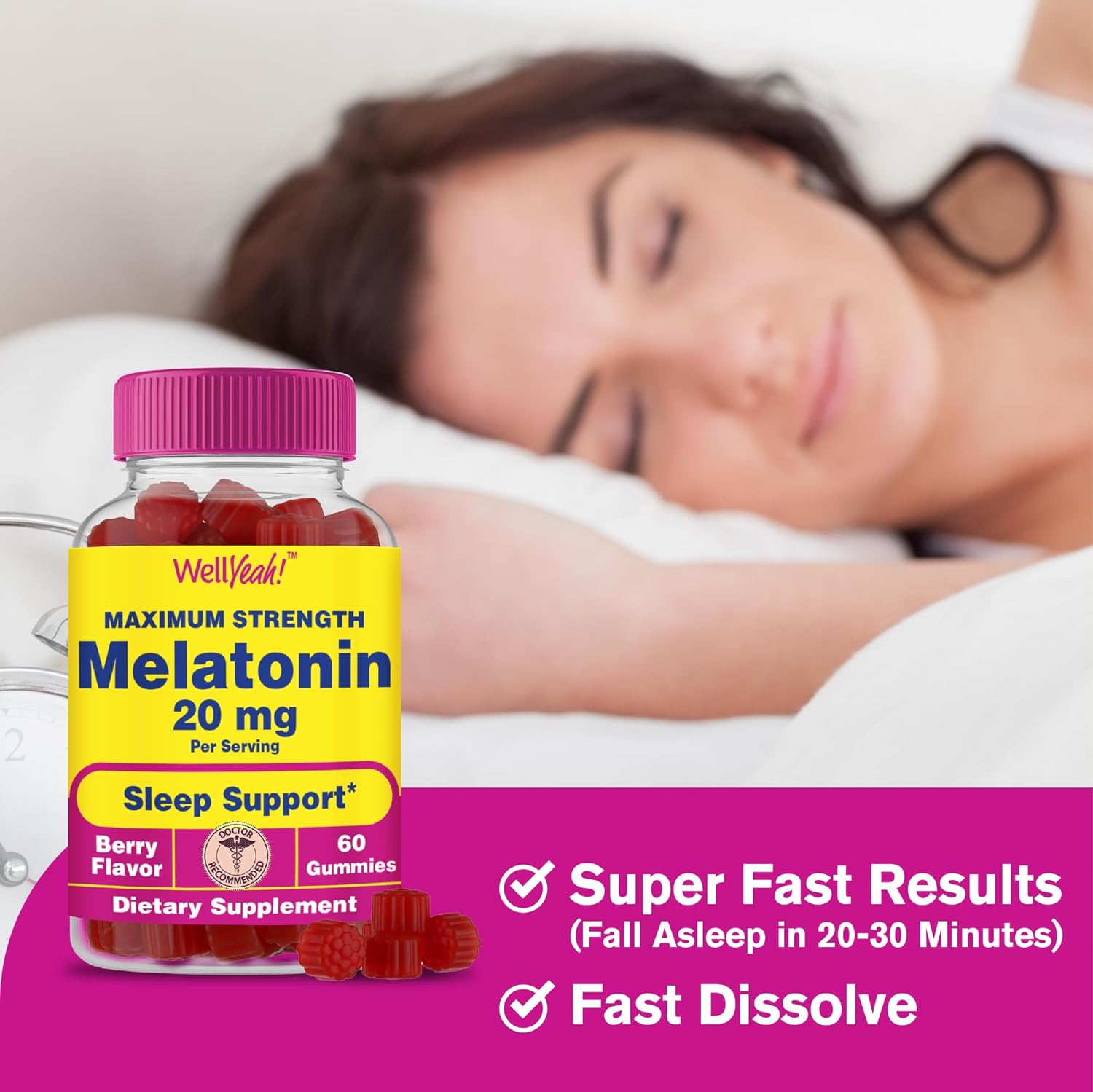 Wellyeah Melatonin Gummies 20Mg | Sleep Support | Maximum Strength Melatonin 20Mg Gummies For Adults | Fast Dissolved | Great Berry Flavor | 60 Count | Vegan, Non Gmo : Health & Household