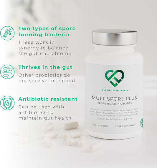 Multispore® Plus Probiotics, 4 Month Supply - 120 Capsules, Bacillus Coagulans & Bacillus Subtilis Spore Based Probiotic, Bloating Relief/Gut Health, With Digestive Enzymes & Prebiotic Inulin, Uk Made