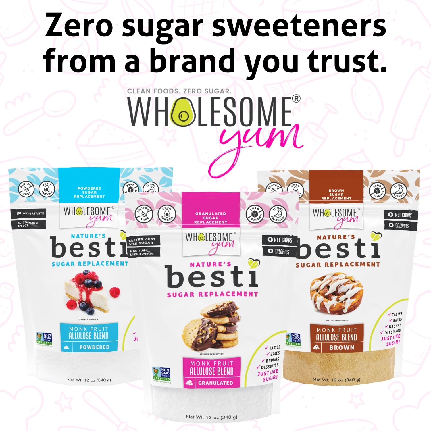 Wholesome Yum Besti Natural Sugar Substitute - Granulated Monk Fruit Sweetener Blend With Allulose (No Erythritol) - Keto, Non Gmo, Zero Calorie, Zero Carb, Sugar Free, No Aftertaste (12 Oz)