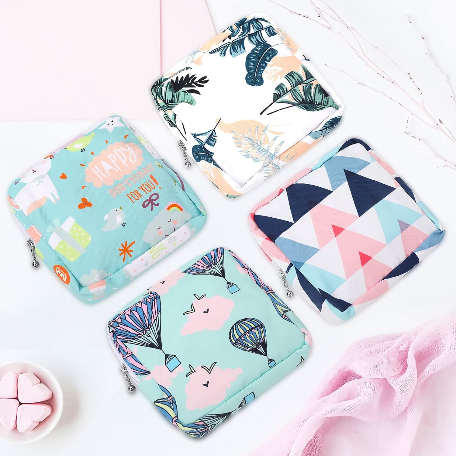 Sanitary Napkin Storage Bag, Color You Portable Period Bag for Women Teen Girls Menstrual Cup Pouch Nursing Pad Holder (Geometric Figures+Clouds+Leaves+Hot Air Balloon)