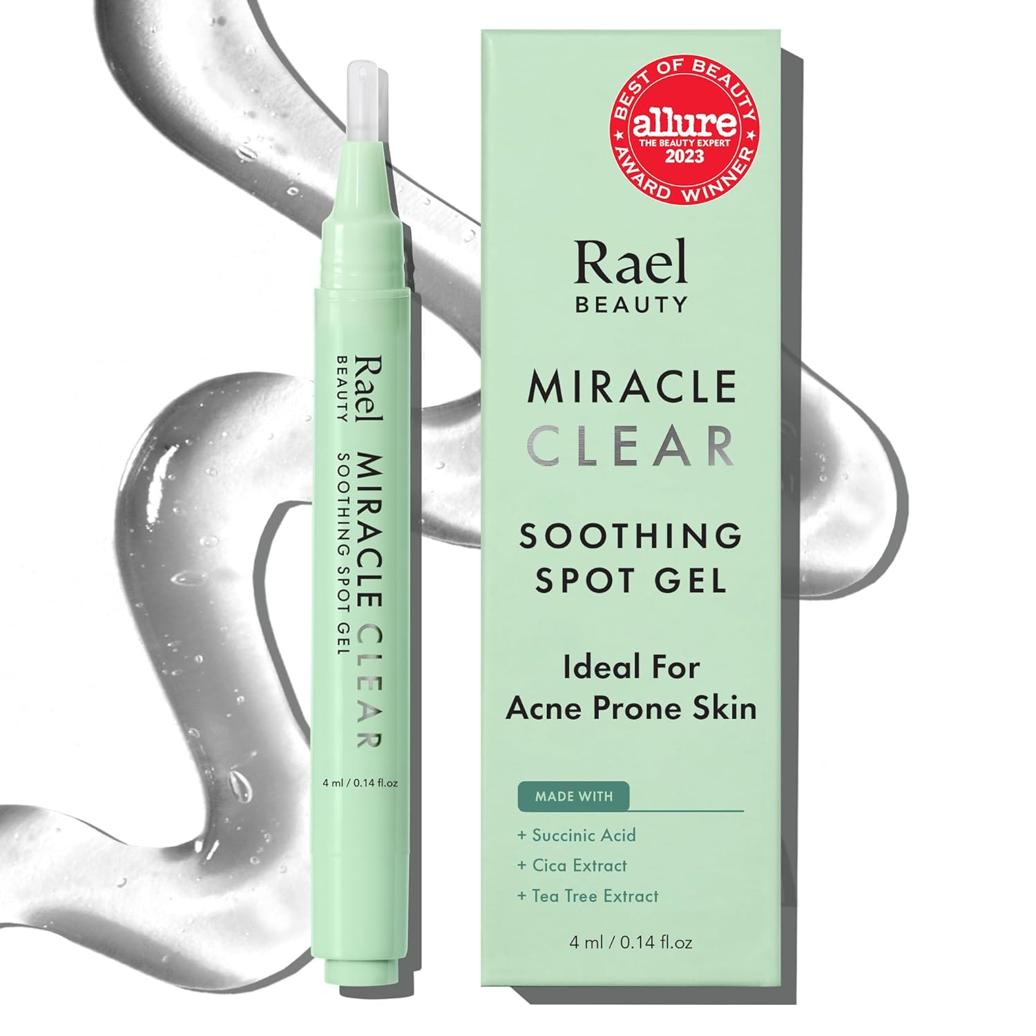 Rael Acne Spot Treatment, Miracle Clear Soothing Spot Gel Pen - Acne Gel, Pimple and Blemish Treatment, Korean Skincare, for Early Stage, Succinic Acid, Tea Tree, Cica, Vegan, Cruelty Free (0.14 oz)