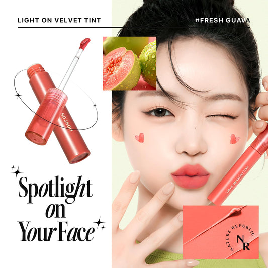 Nature Republic Light On Velvet Tint (02 Fresh Guava),Liquid Lipstick,Lip Tint,Blur Effect,Lip& Cheek,Nude Lip,Soft Creamy Matte Finish Lip, Velvety, Lip Stain, High Pigment, Korean Lip Makeup