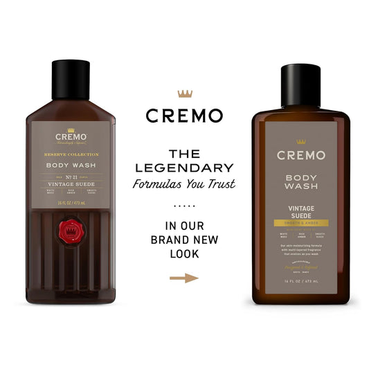 Cremo Rich-Lathering Vintage Suede Body Wash For Men, A Vintage Suede With Notes Of White Moss And Rich Amber, 16 Fl Oz