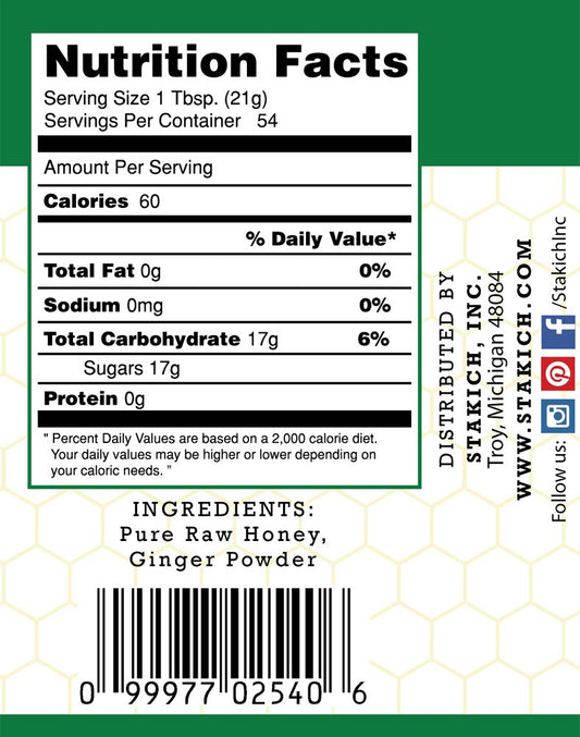 Stakich Ginger Enriched Raw Honey - Pure, Unprocessed, Unheated - 5 Lb (80 Oz)