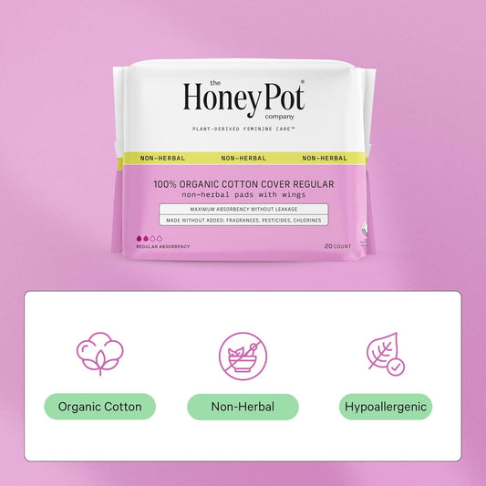 The Honey Pot Company - 80 Ct - Pads For Women - Non-Herbal Regular Flow W/Wings - Organic Cotton Cover & Ultra-Absorbent Pulp Core - Sanitary Pads For Women - Feminine Care - Fsa & Hsa Eligible