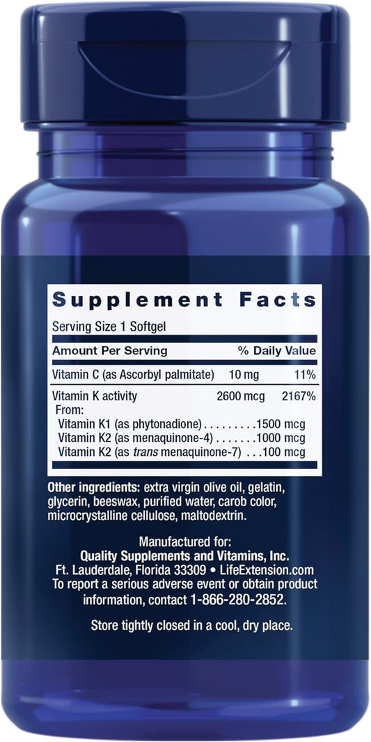 Life Extension Super K, Vitamin K1, Vitamin K2 Mk-7, Vitamin K2 Mk-4, Vitamin C, Bone/Heart/Arterial Health, 3-Month Supply, Gluten-Free, 1 Daily, Non-Gmo, 90 Softgels