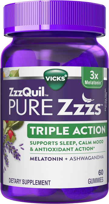 ZzzQuil PURE Zzzs Triple Action, 6mg Melatonin Gummies, 3X Melatonin Sleep Aid with Ashwagandha, Calm Mood & Antioxidant Action, Sleep Aid for Adults, 6 mg per serving, 60 Count