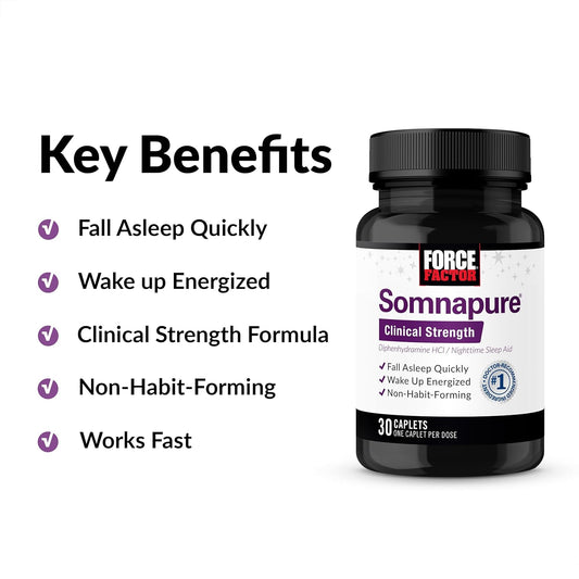 Force Factor Somnapure Clinical Strength Sleep Aid For Adults, Diphenhydramine Hcl, Non-Habit-Forming, Nighttime Sleep Support, 30 Caplets