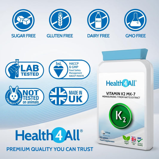 Health4All Natural Vitamin K2 Mk7 200Mcg From Natto, 90 Tablets 3 Months Supply, All-Trans Mk-7 From Natto Beans Fermentation, High Strength Vit K2 Vitamin Supplement, Vegan Menaquinone | Made In Uk