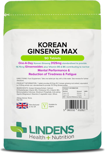 Lindens - Korean Ginseng Max 3125Mg - 90 Tablets - 1-A-Day - Uk Made - Vitamin B5 & B6, For Normal Mental Performance, Reduction Of Tiredness & Fatigue - Letterbox Friendly, Vegan