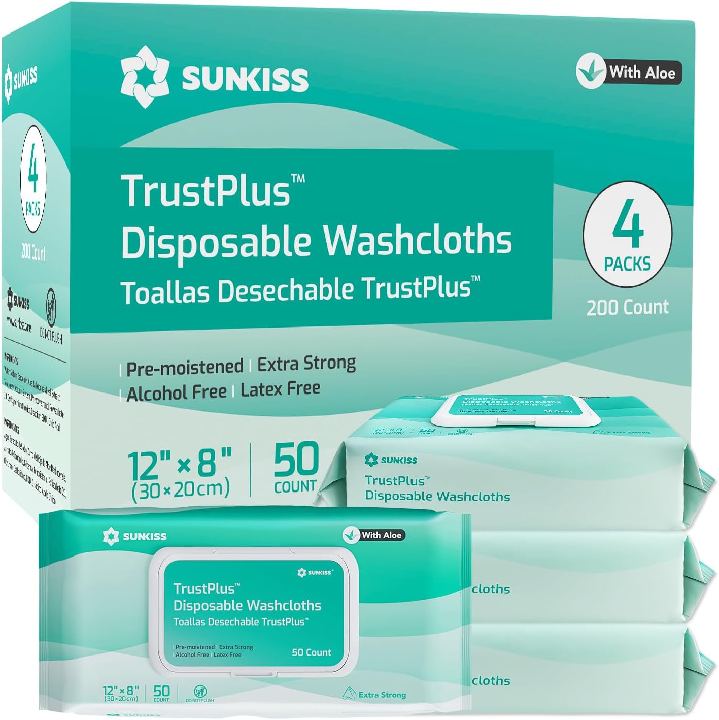 SUNKISS Trustplus Wet Wipes for Adult, Extra Thick 20 x 30 cm Body Cleaning Wipes with Aloe for Incontinence & Cleansing, Unscented, 200 Count (4 Packs of 50)