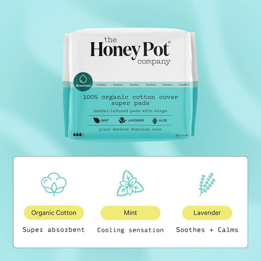 The Honey Pot Company - Herbal Super Pads w/Wings - Organic Pads for Women - Infused w/Essential Oils for Cooling Effect - Feminine Care- 16 ct