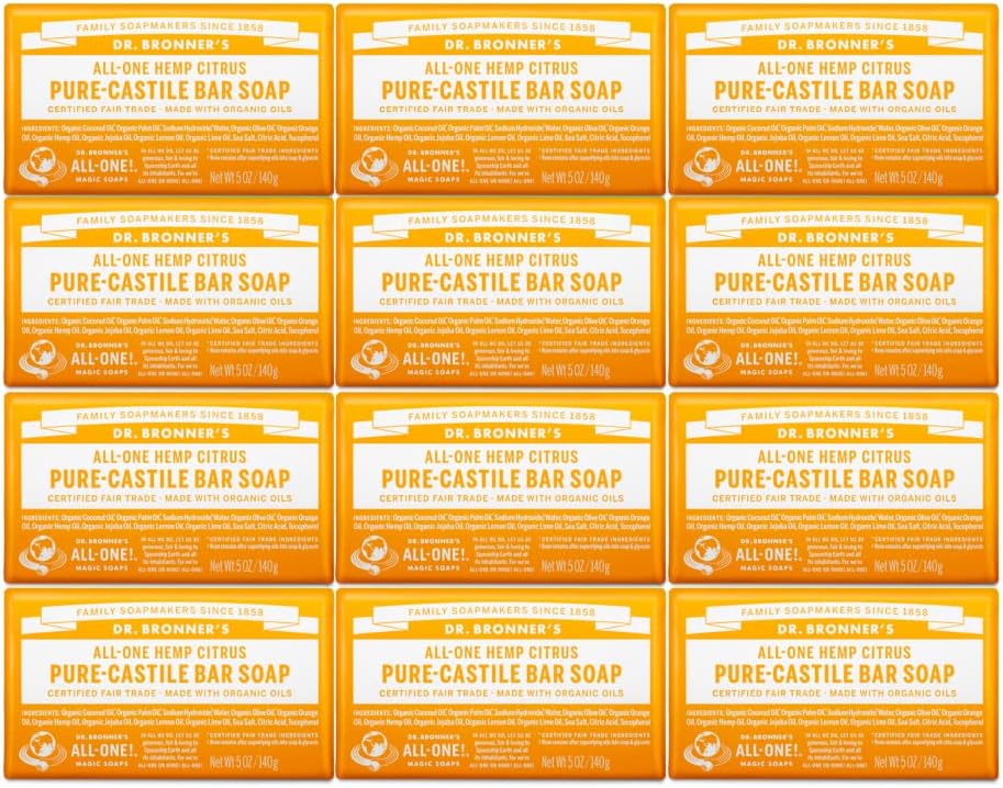 Dr. Bronner's - Pure-Castile Bar Soap - Citrus, Made w/Organic Oils, For Face, Body, & Hair, Gentle & Moisturizing, Smooth Lather, Biodegradable, Vegan, Cruelty-Free, Non-GMO (5oz, 12-Pack)