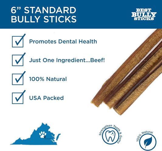 Best Bully Sticks 6 Inch All-Natural Bully Sticks for Dogs - 6” Fully Digestible, 100% Grass-Fed Beef, Grain and Rawhide Free | 8 oz