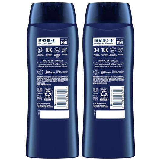 Suave Men Body Wash Variety 2-Pack – Refreshing Body & Face Wash, Cedarwood & Mandarin + Hydrating 3-In-1 Hair, Body & Face Wash, Citrus & Musk, 18 Oz Ea