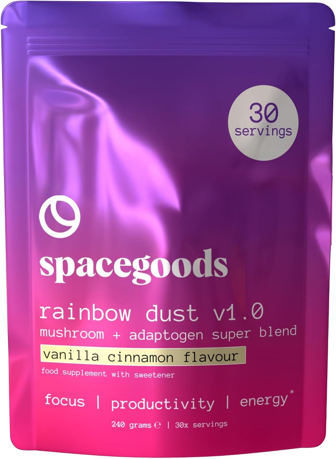 Spacegoods Rainbow Dust 240G | 30 Servings | Flavoured Mushroom Coffee | 80Mg Of Natural Caffeine | Lions Mane, Chaga, Ashwagandha & Vitamin B5 | Sharper Focus, Energy & Calm | Vanilla & Cinnamon