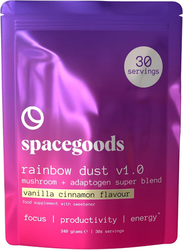 Spacegoods Rainbow Dust 240G | 30 Servings | Flavoured Mushroom Coffee | 80Mg Of Natural Caffeine | Lions Mane, Chaga, Ashwagandha & Vitamin B5 | Sharper Focus, Energy & Calm | Vanilla & Cinnamon