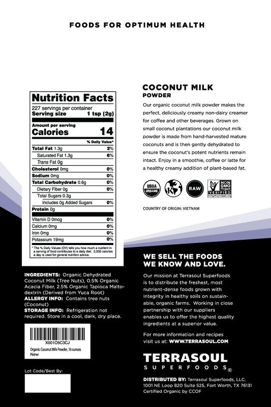 Terrasoul Superfoods Organic Coconut Milk Powder, 16 Oz - Plant-Based Creamer | Keto Friendly
