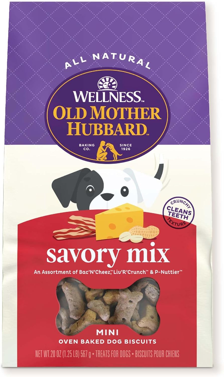 Old Mother Hubbard By Wellness Classic Savory Mix Natural Dog Treats, Crunchy Oven-Baked Biscuits, Ideal For Training, Mini Size, 20 Ounce Bag