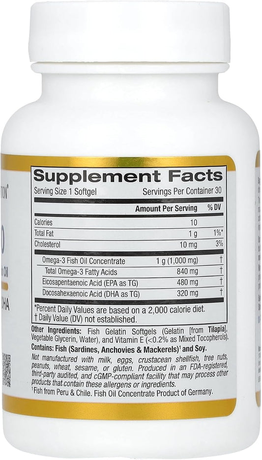 California Gold Nutrition Omega 800 Ultra-Concentrated Omega-3 Fish Oil, Kd-Pur Triglyceride Form, 1,000 Mg, 30 Fish Gelatin Softgels