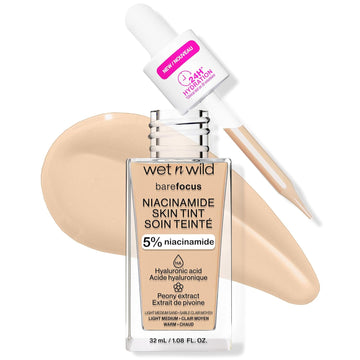 Wet N Wild Bare Focus Skin Tint, 5% Niacinamide Enriched,Buildable Sheer Lightweight Coverage,Natural Radiant Finish,Hyaluronic & Vitamin Hydration Boost,Cruelty-Free & Vegan-Light Medium Sand