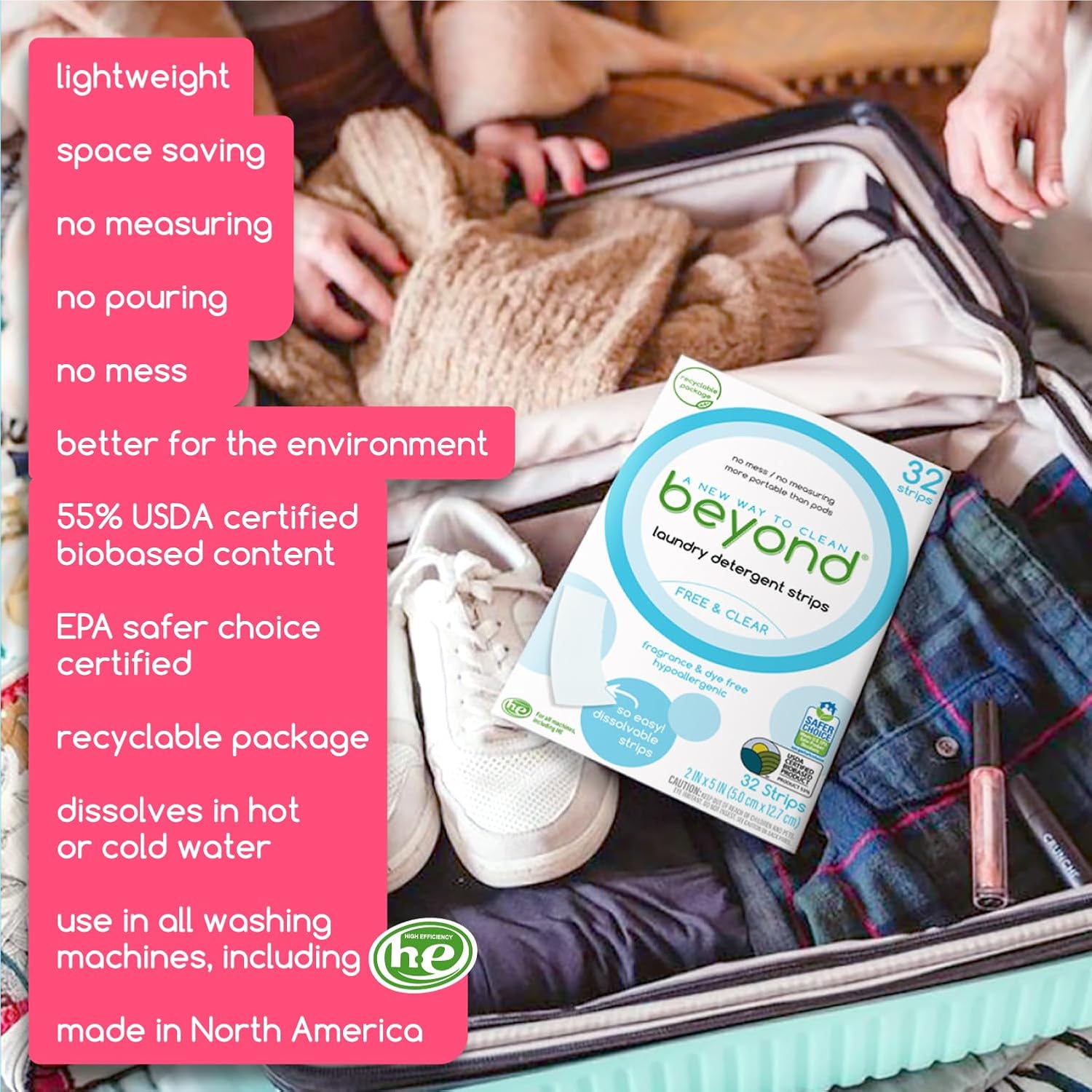 Beyond Laundry Detergent Strips [32 Strips] - Free & Clear - Eco-Friendly, Hypoallergenic. Travel Friendly. Dissolvable Strips