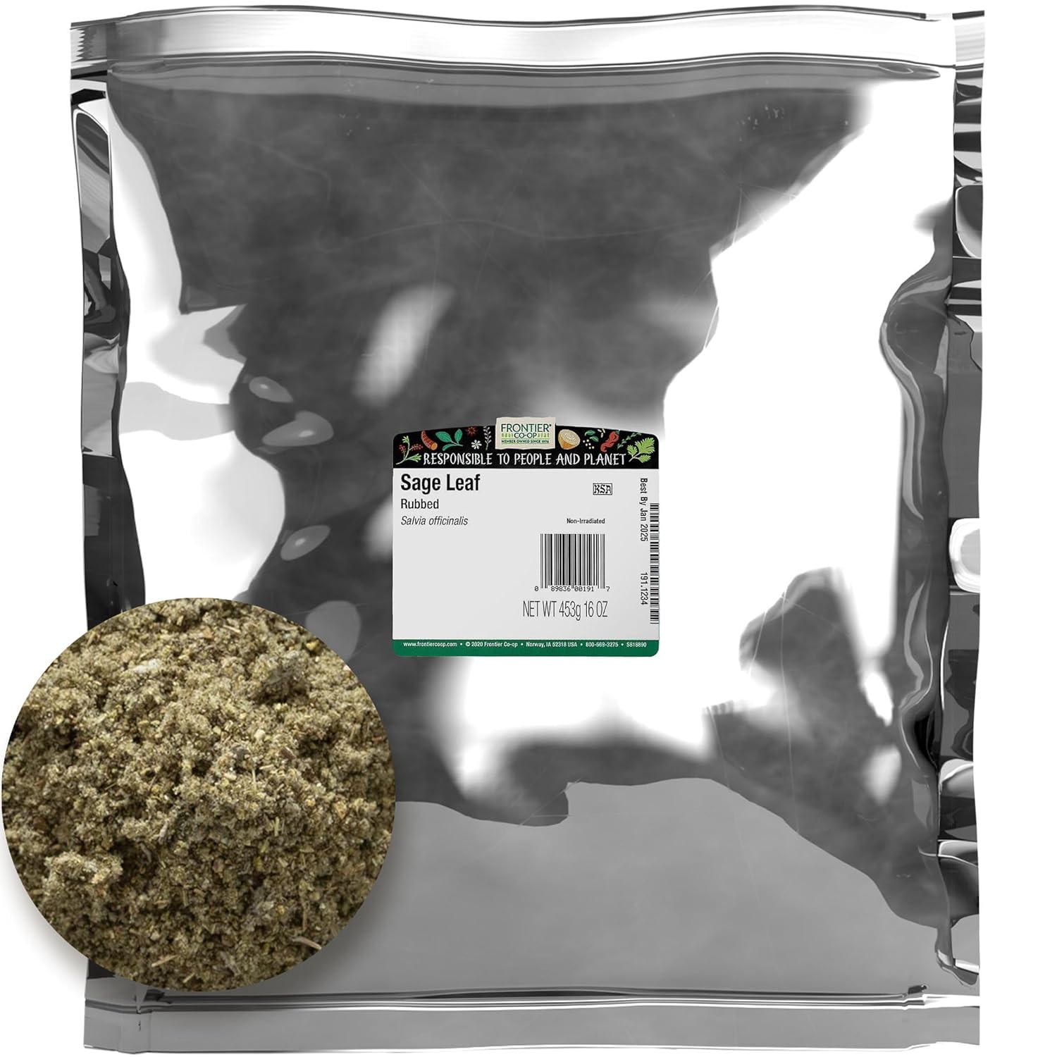 Frontier Co-Op Rubbed Sage Leaf, 1-Pound, Sweet, Earthy Flavor With Hints Of Mint, Pairs With Garlic & Rosemary, Kosher