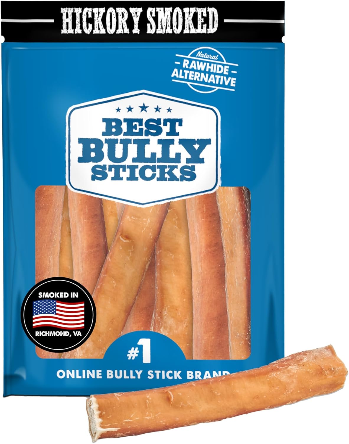 Best Bully Sticks Hickory Smoked 100% Natural Jumbo 6 Inch Bully Sticks For Dogs, 12 Pack - Smoky Odor-Free No Additives Grain-Free Beef Dog Chews