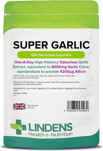 Lindens Super Garlic 6000mg High Strength Capsules | 120 Pack | High potency odourless Garlic Extract, equivalent to 6000mg garlic clove in each one a day capsule, standardised to provide 4200_g allicin